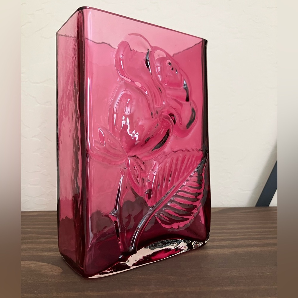 Vintage Pilgrim Glass Cranberry Red Embossed Rose Square Vase. - Picture 2 of 5
